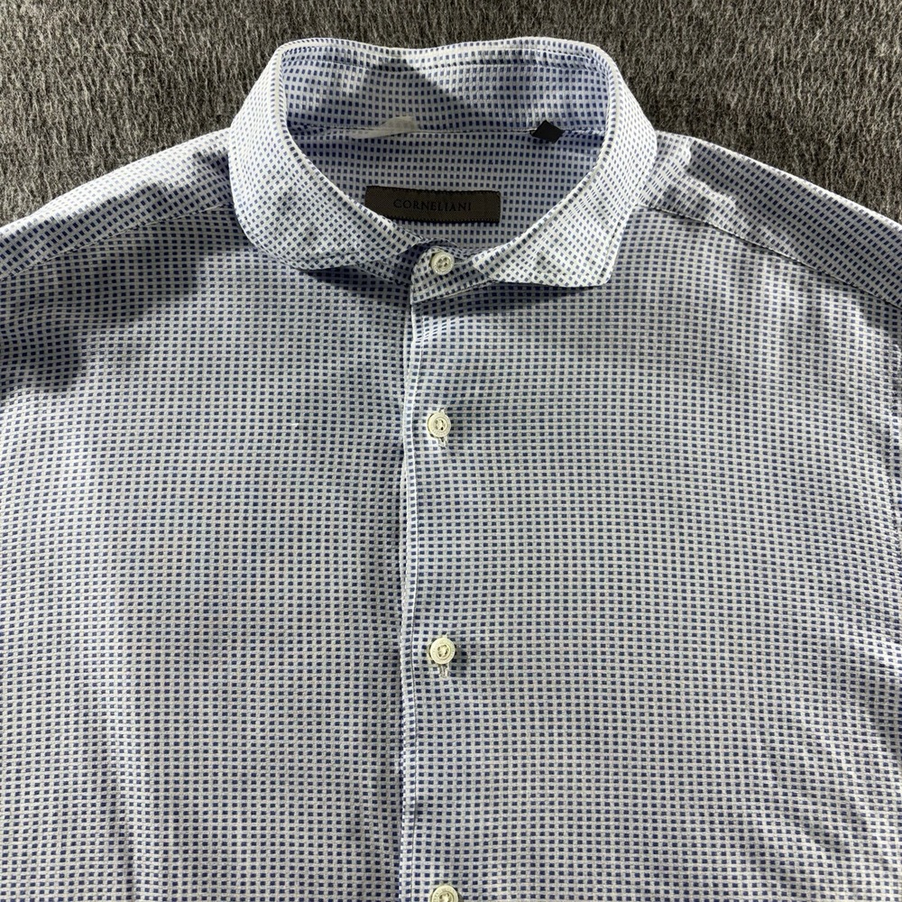 Corneliani Mens Blue White Micro Check Cotton Dress Shirt 15 1/2 39 Made Italy